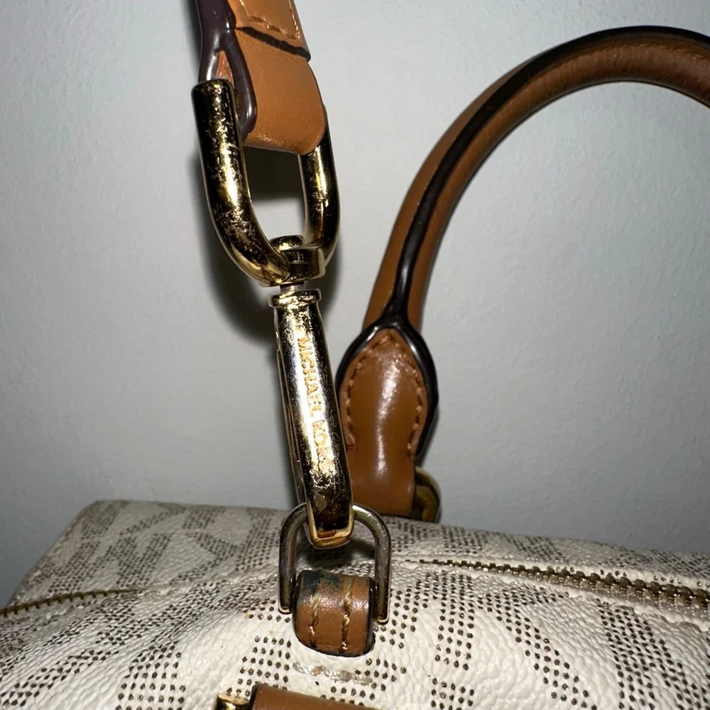 Michael Kors Monogram Kirby Satchel Bag Beige/Brown Vanilla/Acorn MK Logo Purse